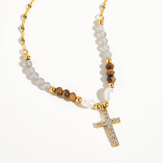 Lumiere 18K Gold Cross Necklace with Beads and Pearls